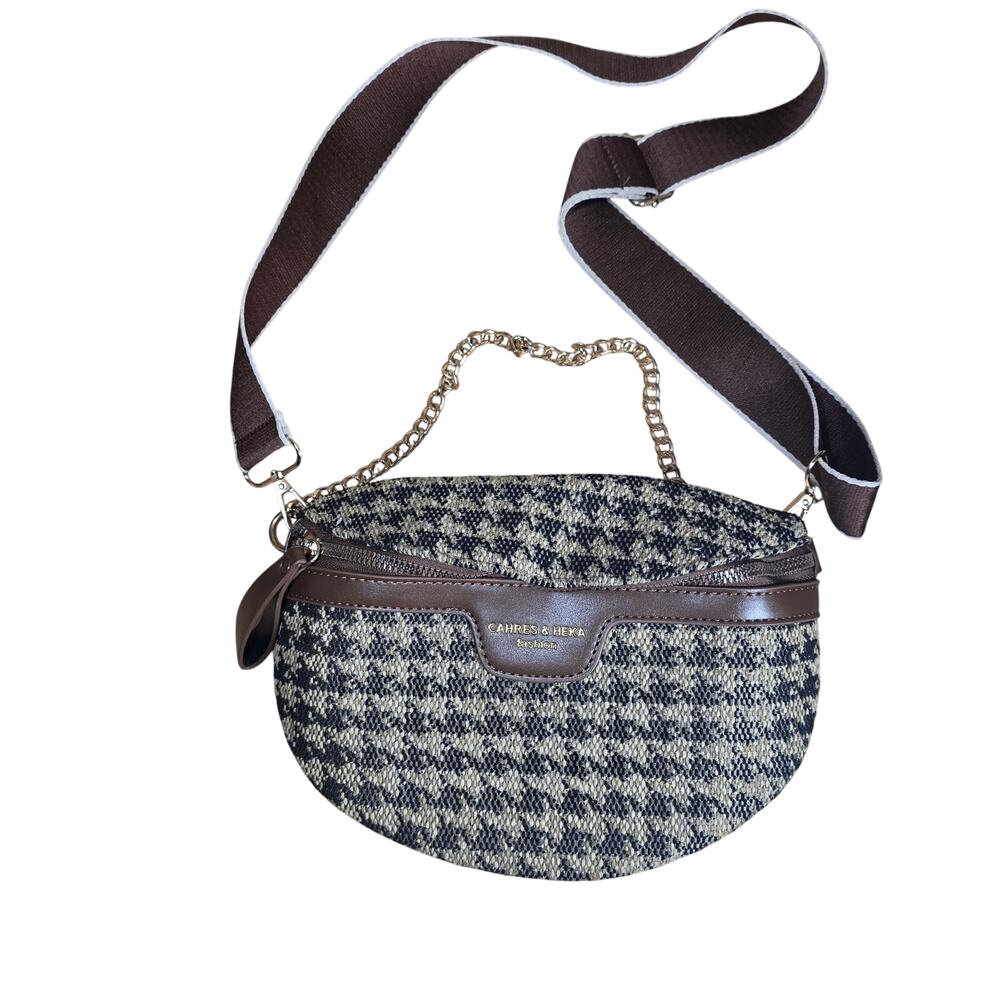 NWOT Cahres & Heka Houndstooth Crossbody Bag with Chain , Shoulder Strap 10x7x3